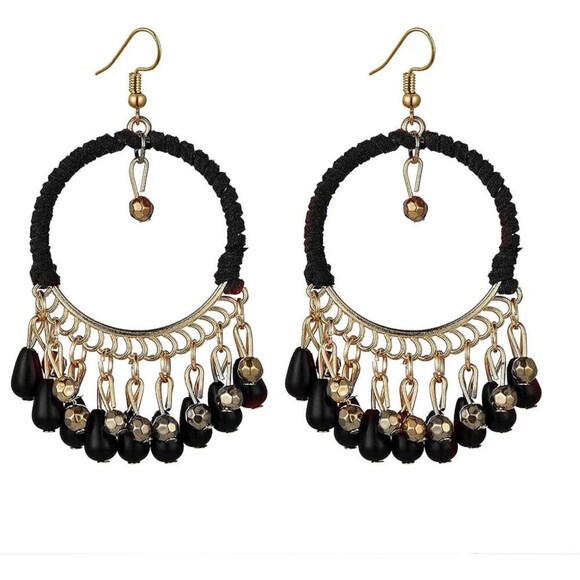 Woven Bohemian Tasseled Earrings In Black - Picture 1 of 7